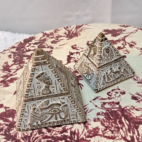 Set of 2 Stone *faux* Egyptian Pyramid Statues for Decor Gold/White Color - Picture 7 of 11
